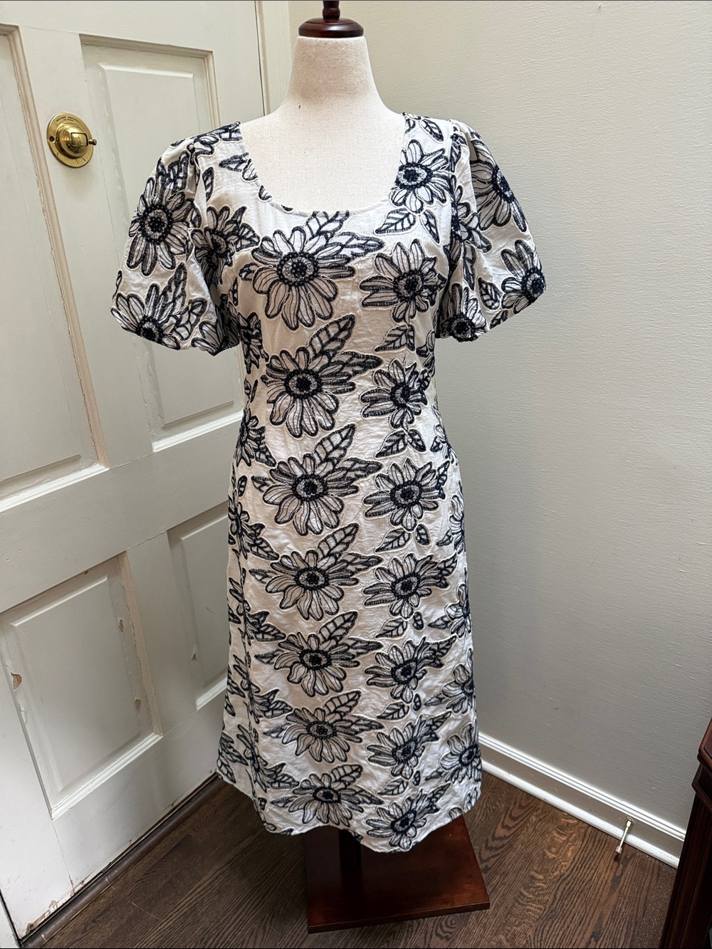 Polagram White Dress with Black Floral Embroidery